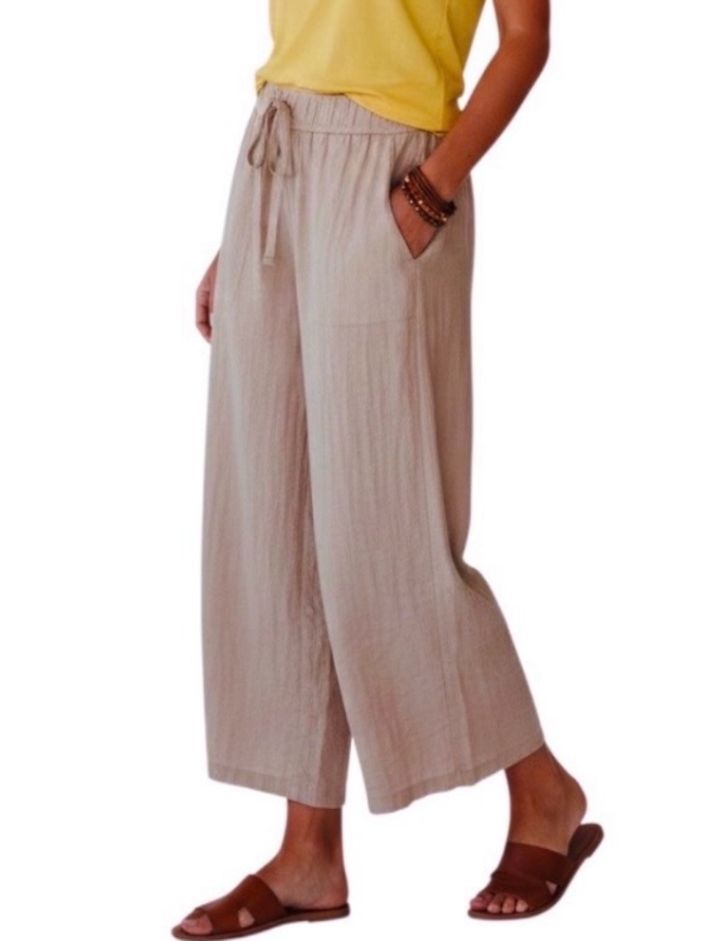 Lagaci  Crop Pants Linen Blend Tan Beach Drawstring Elastic Pull On Pockets Sz L